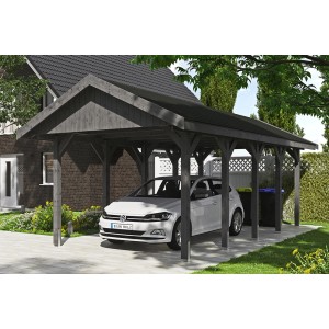 Satteldach-Carport Wallgau, schiefergrau mit schwarzen Schindeln, Auto steht darunter.