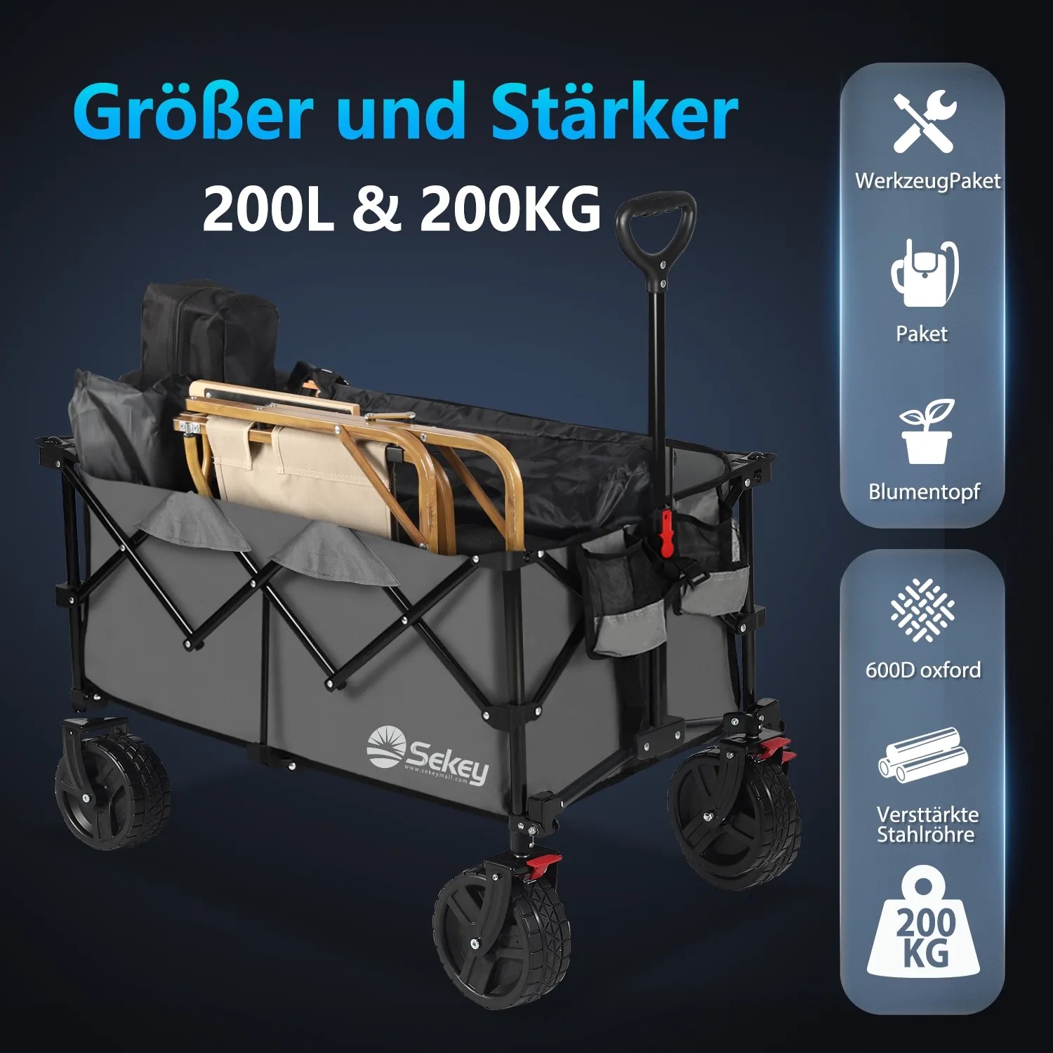Sekey XXL Bollerwagen, faltbar, anthrazit, 200L. Ideal für Camping & Freizeit.