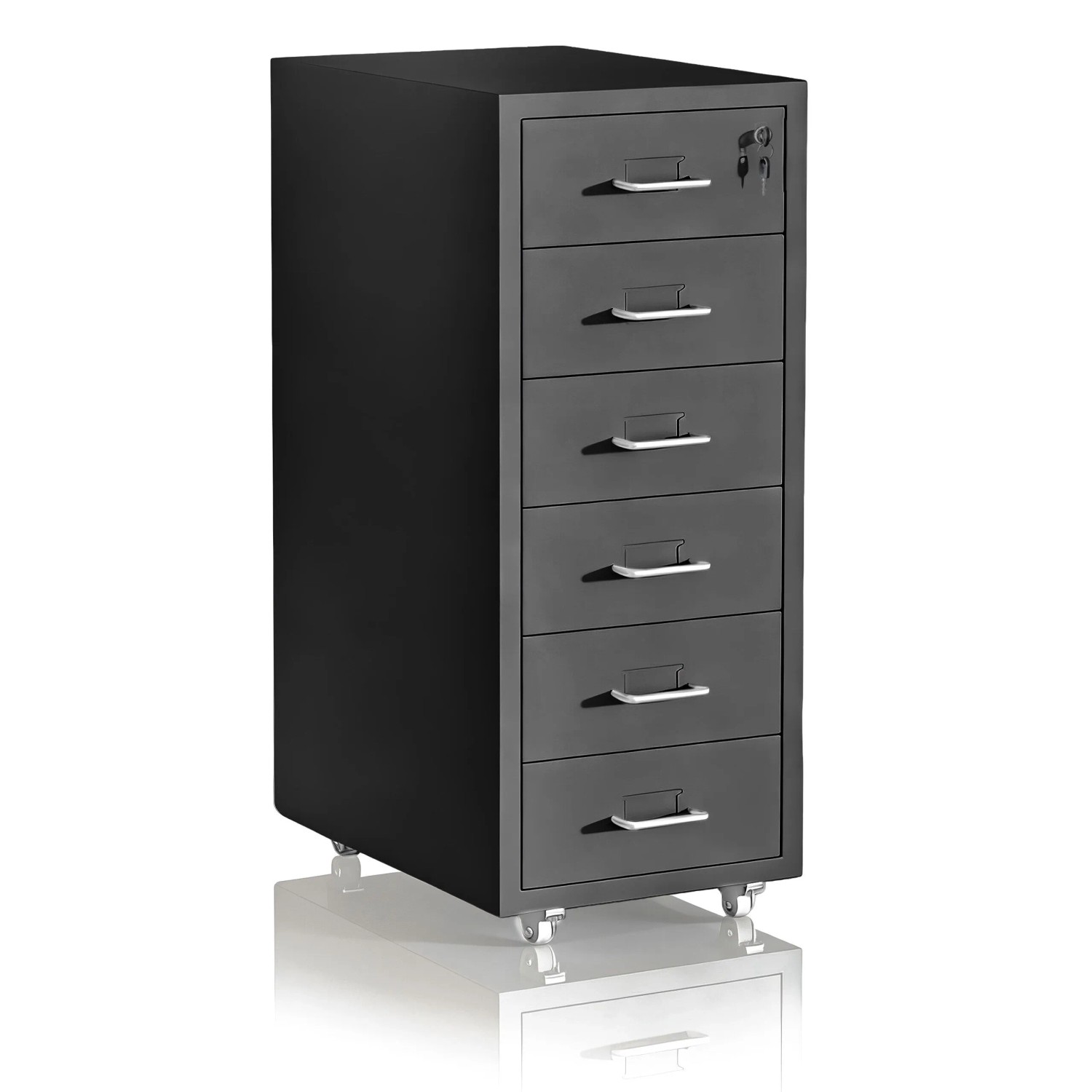 Relaxdays Rollcontainer Stahl Schwarz Abschließbar mit 6 Schubladen 69 cm x 28 cm x 41 cm 10,6 kg