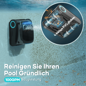 Aiper Scuba S1 Pro kabelloser Pool-Reinigungsroboter reinigt den Poolboden. Er saugt Schmutz mit 4 aktiven PVC-Rollen und 100 GPM Saugleistung.