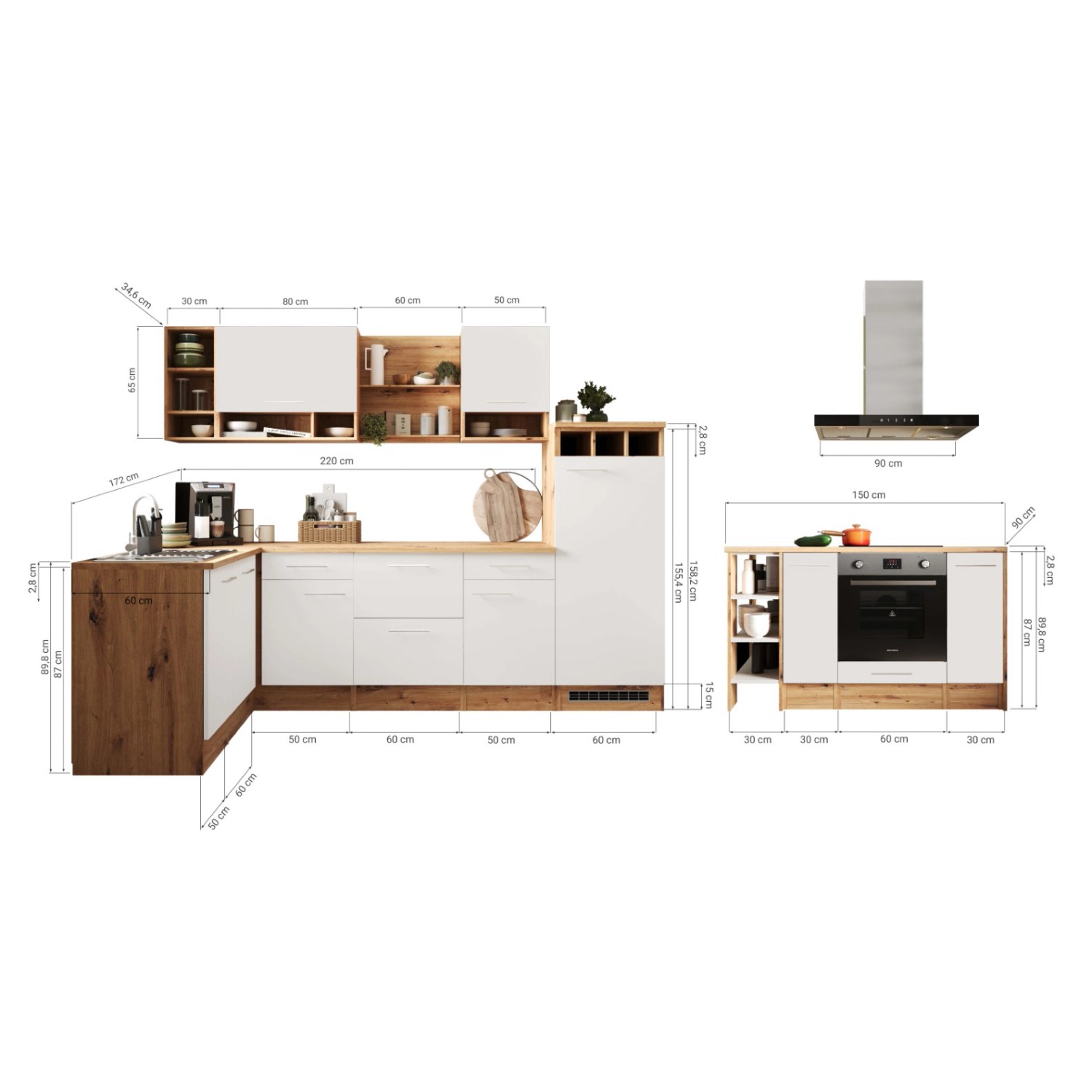 Respekta Winkelküche Hilde 280x172 cm mit Kücheninsel in Grau, inklusive Elektrogeräten und Spüle.