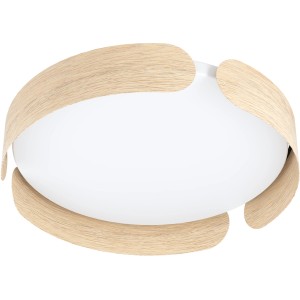Moderne LED-Deckenleuchte Valcasotto von Eglo, Ø 35 cm, braun-weiße Lampe mit Holzdekor.