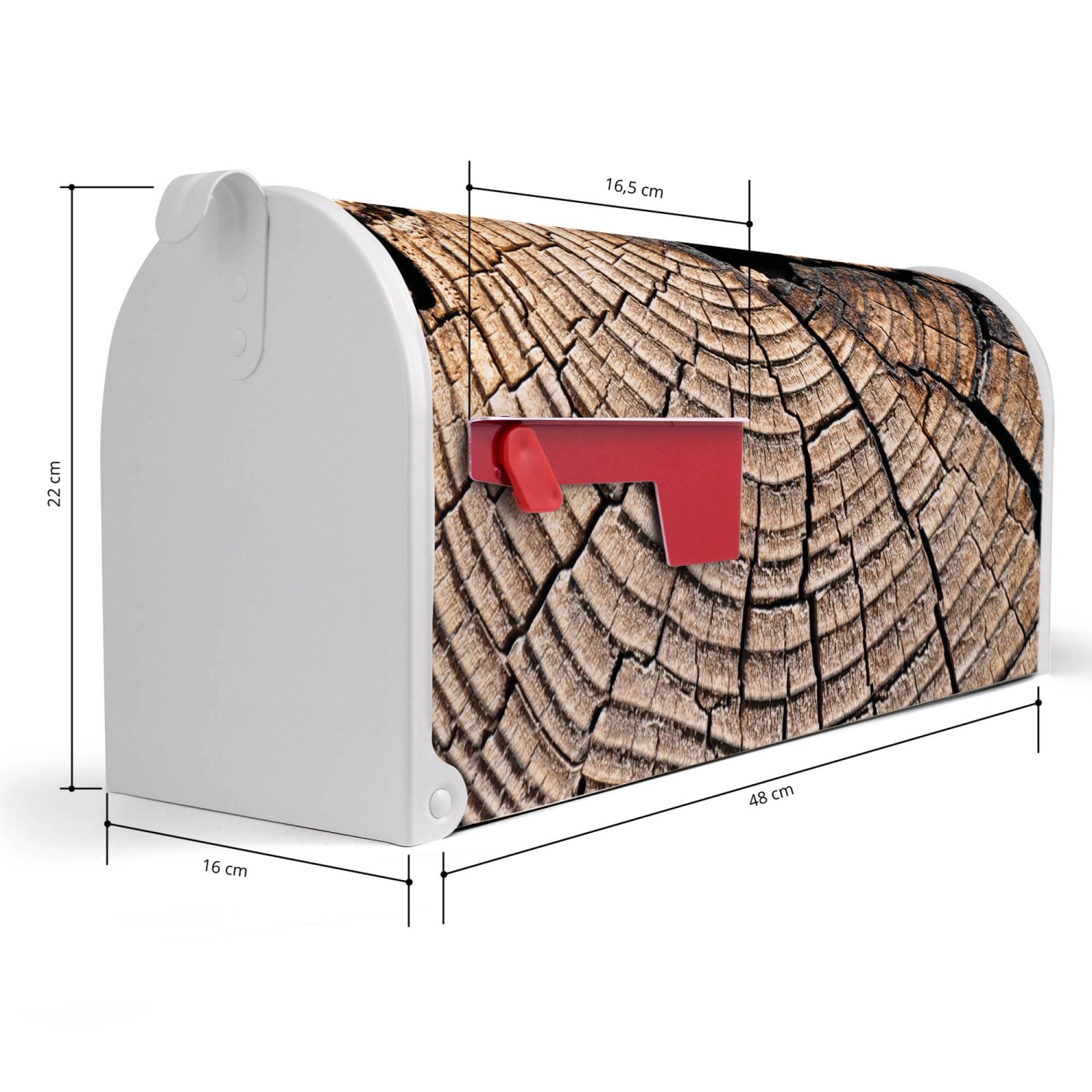 Weißer US Briefkasten mit Baumscheiben Motiv, roter Fahne und Maßen. Ideal als Wand- oder Standbriefkasten.