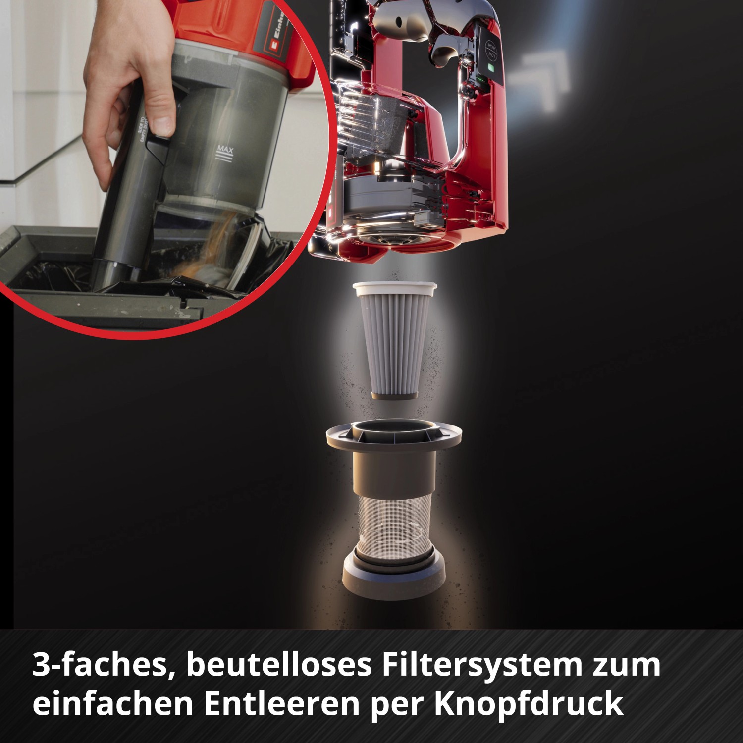 Einhell Akku-Staubsauger TE-SV 18 Li-Solo: 3-fach Filtersystem und Behälterentleerung