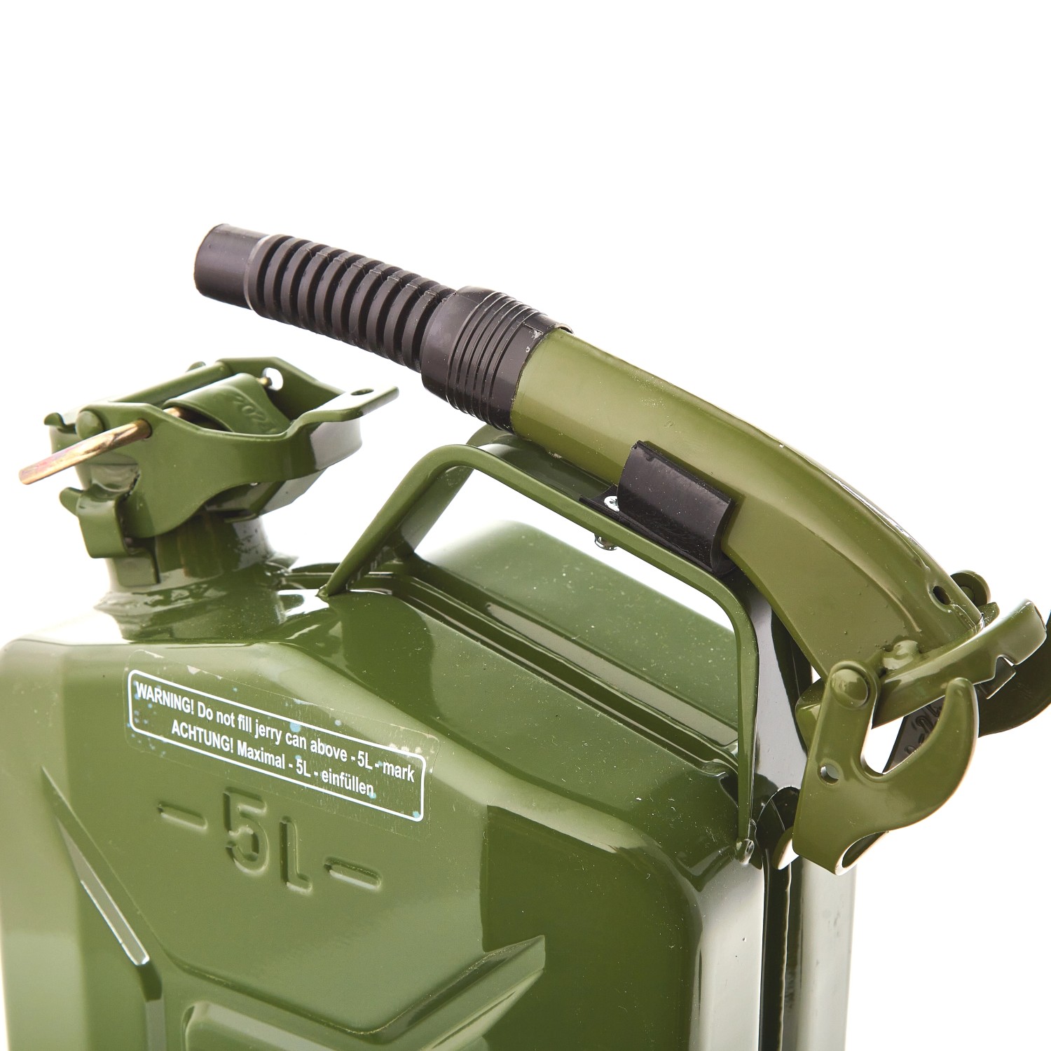 Olivgrüner 5L Metall Kraftstoffkanister mit Ausgießer für Benzin, Diesel & E10.