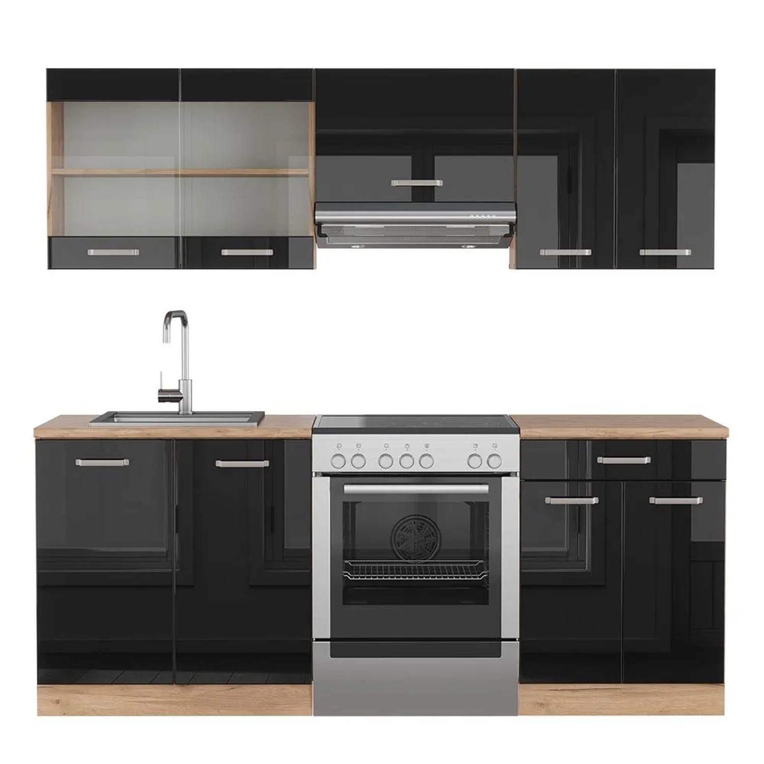 Vicco R-Line Küchenzeile Schwarz Hochglanz Goldkraft Eiche 200 cm ohne Arbeitsplatte ohne E-Geräte