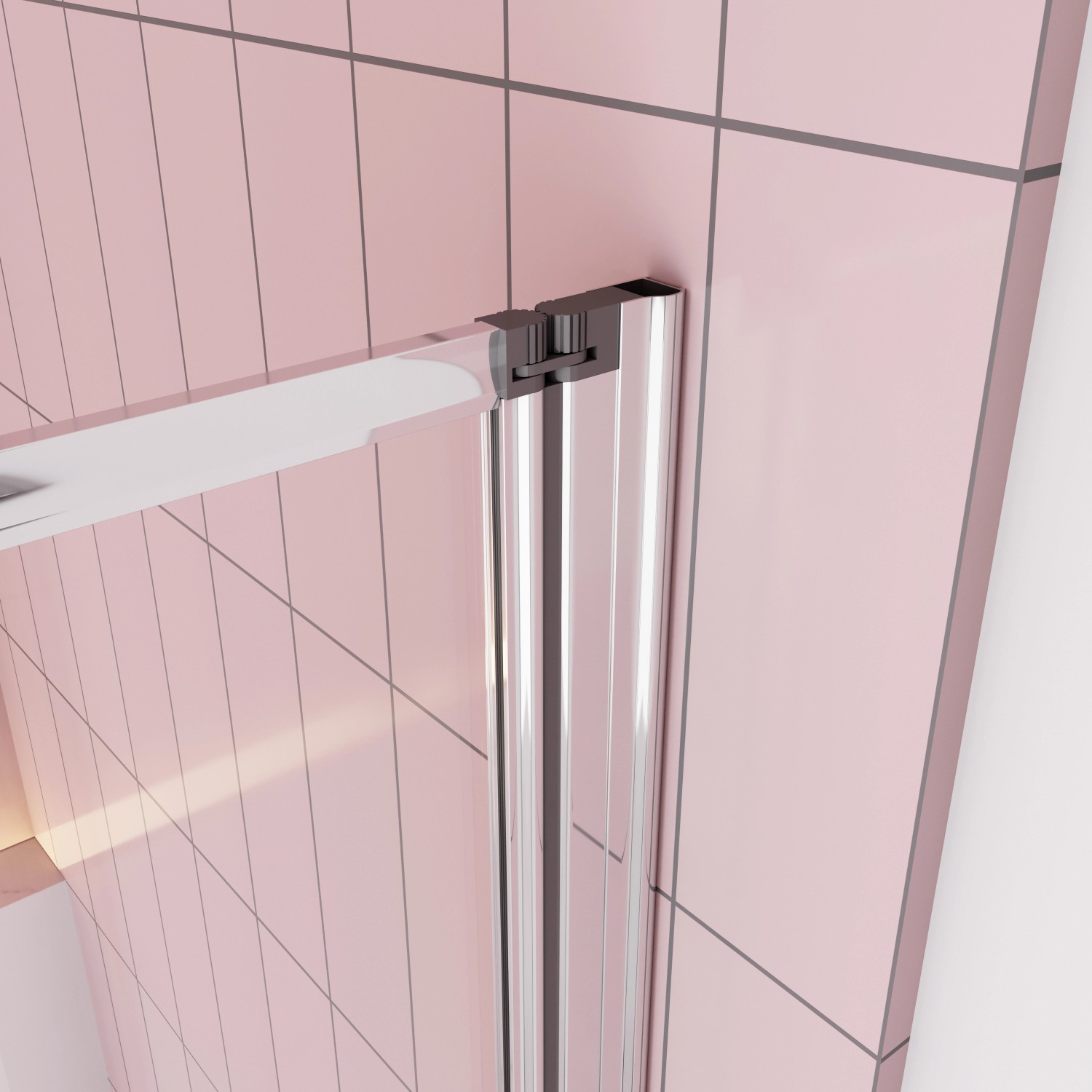 Detailaufnahme: AICA 5-teilige Duschtrennwand mit Chromrahmen und klarem Glas.