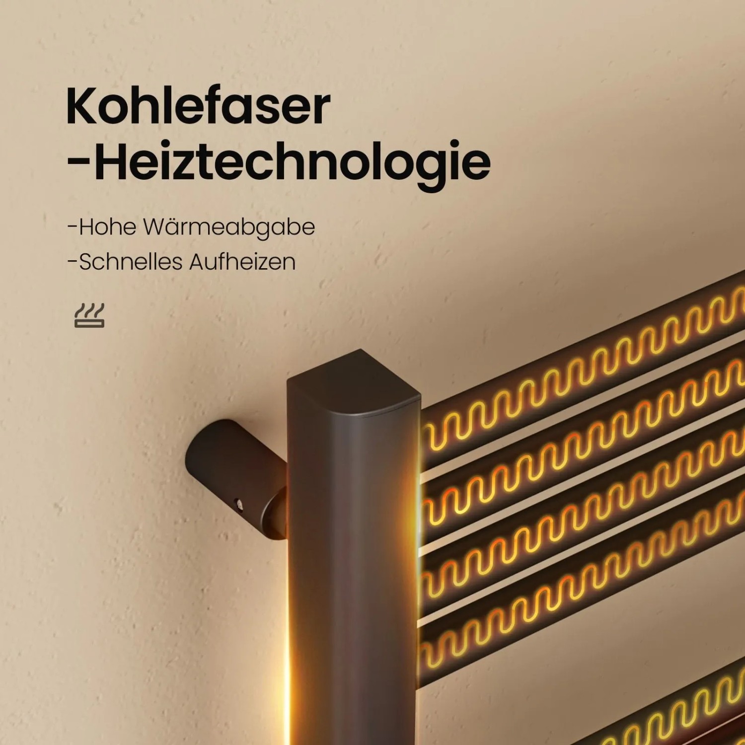 Detailansicht des schwarzen Emke Handtuchwärmers mit Kohlefaser-Heiztechnologie.