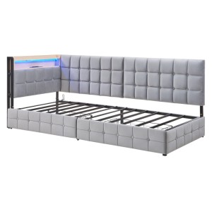 Graues Polsterbett 90x200cm mit getuftetem Kopfteil, LED-Licht, USB-C Anschluss und Schubladen.