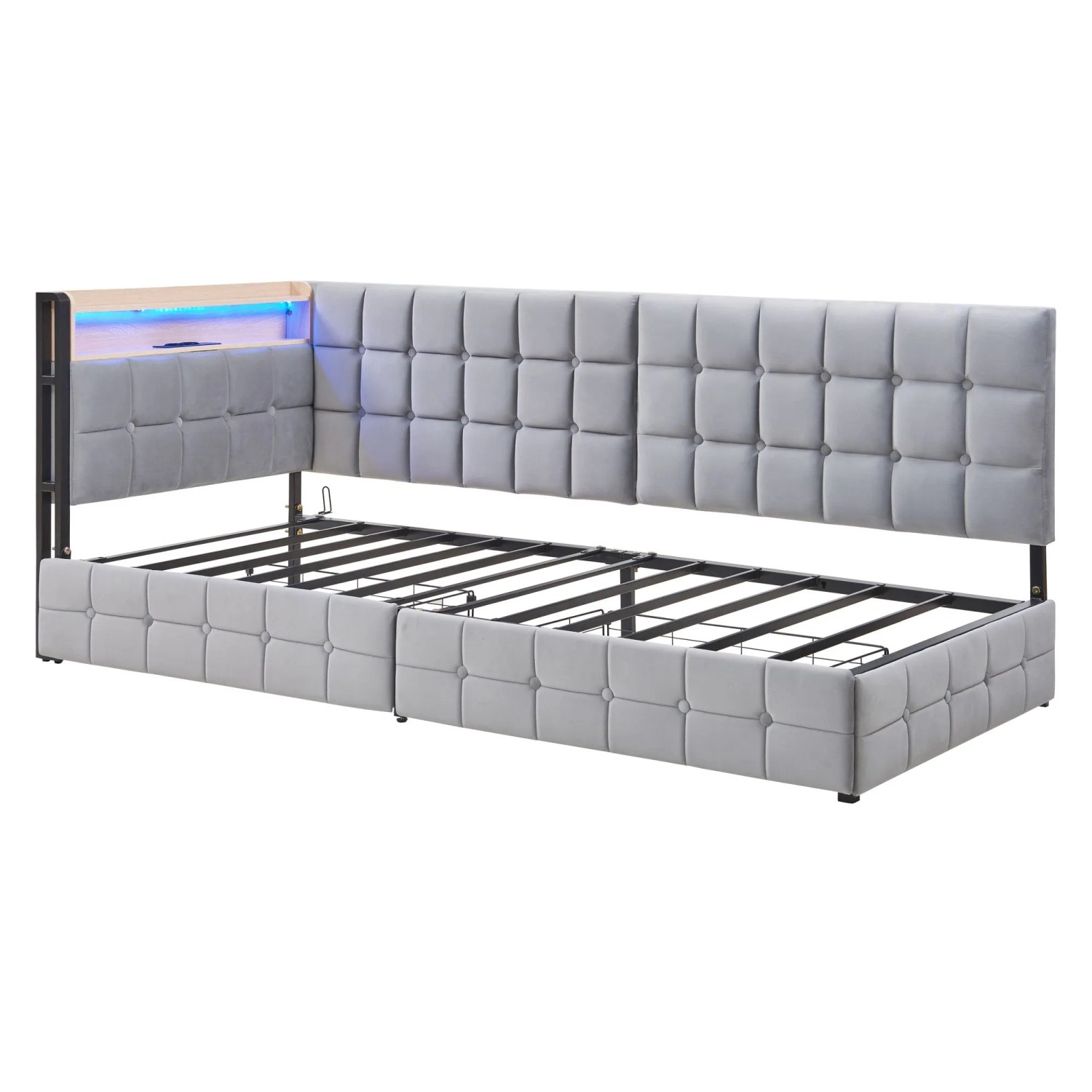 Merax Kinderbett 90x200cm LED USB-C Schubladen Grau