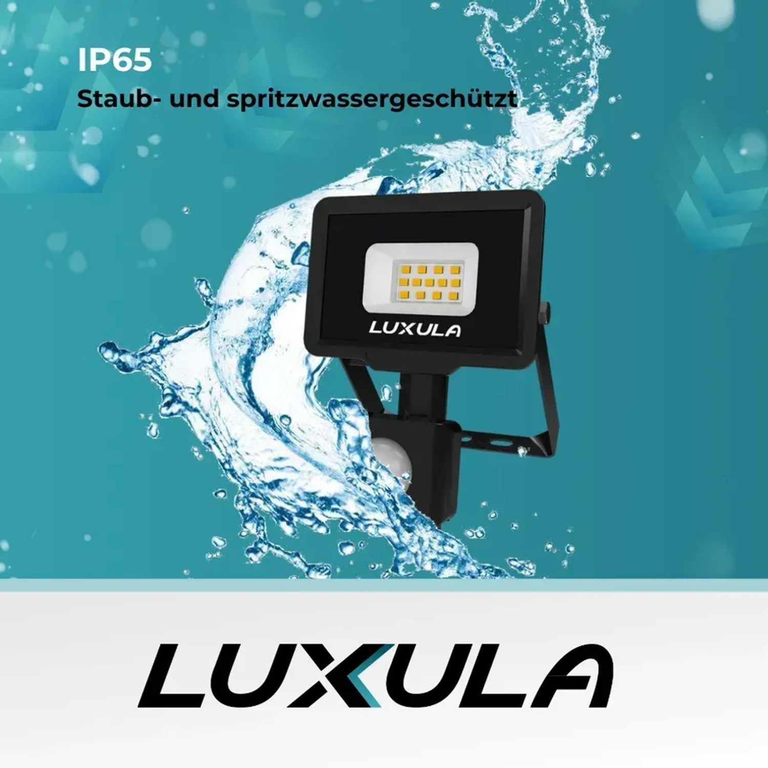 Schwarzer LUXULA LED Fluter mit Bewegungsmelder, 10W, warmweiß, für den Außenbereich.