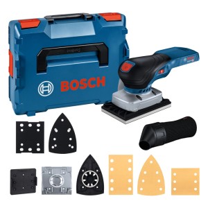 Bosch Professional Akku Schwingschleifer GSS 18V-13 mit blauem Koffer und verschiedenen Schleifplatten.