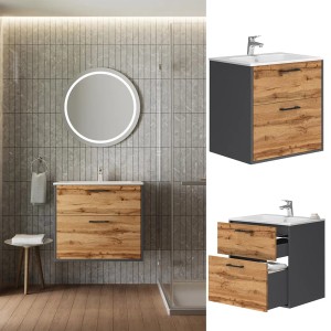 Vicco Badmöbel-Set Lanco in Anthrazit/Goldkraft Eiche mit Waschbecken und zwei Schubladen.