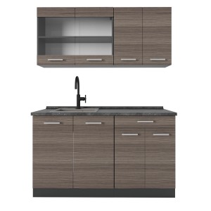 Vicco R-Line Singleküche, 140 cm, Edelgrau/Anthrazit mit Spüle und Hängeschränken.