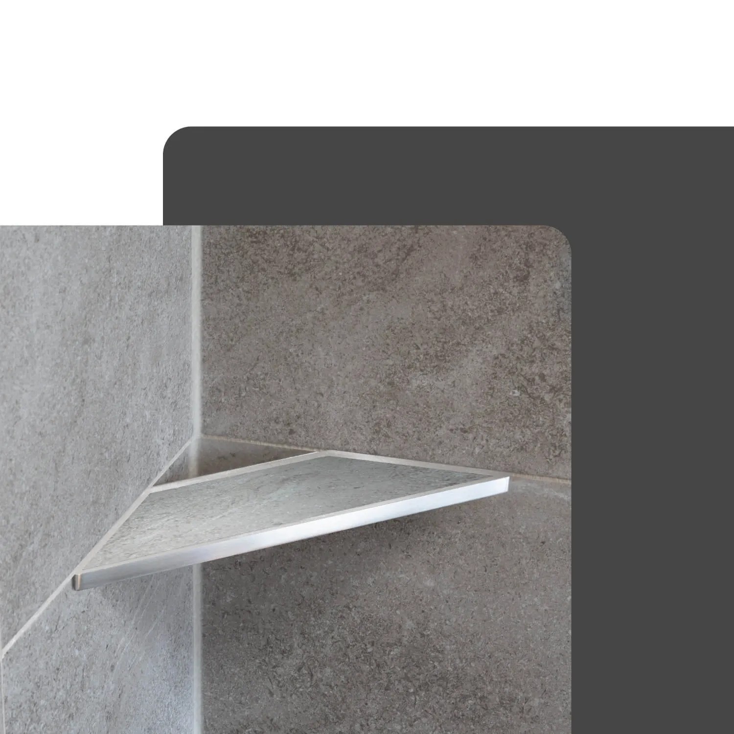 Befliesbare Dalsys Duschablage aus Edelstahl, 310x130mm, silberfarben, eingebaut in geflieste Dusche.