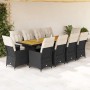 vidaXL Garten-Bistro-Set, 11-teilig, schwarz, Poly Rattan mit Tisch aus Akazienholz und 10 Stühlen mit cremefarbenen Kissen.