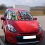 Frontschutzscheibenabdeckung mit Waschbär-Wintermotiv auf rotem Auto. Schützt vor Eis und Schnee.