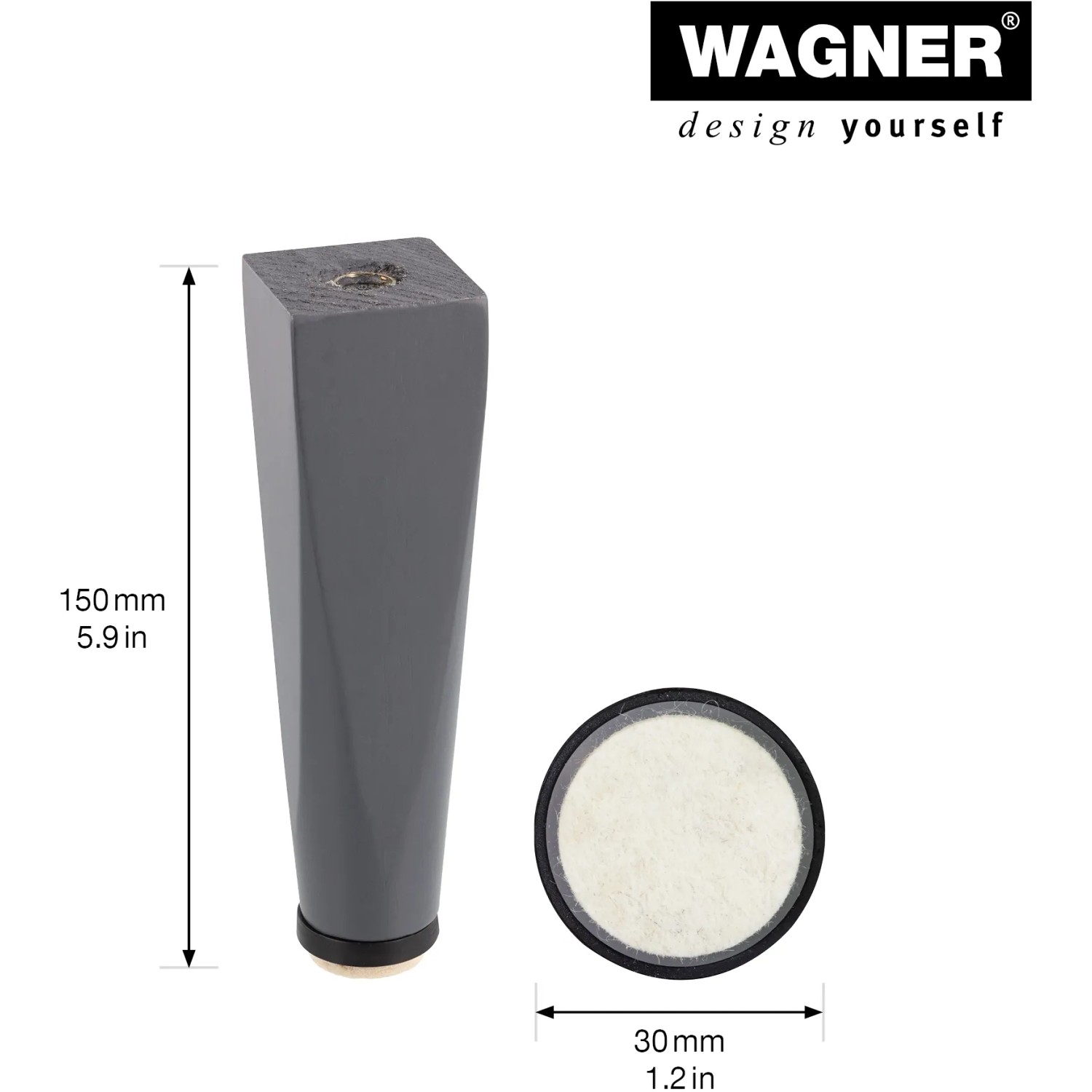 Wagner Möbelbein Wood V1, Ø 3 cm, 15 cm, Kiefer Grau, mit Filzgleiter für Möbel.