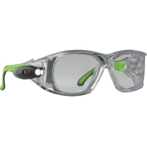 Varionet LED Leselicht für Brillen, transparentes Gestell mit grünen Bügeln und integrierter Lampe.