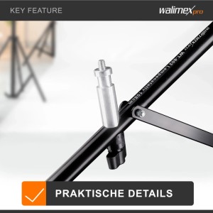 Detailansicht des Walimex Pro WT-802 Lampenstativs: schwarzes Stativrohr mit silbernem Spigot-Anschluss und Gewinde für Studiofotografie.