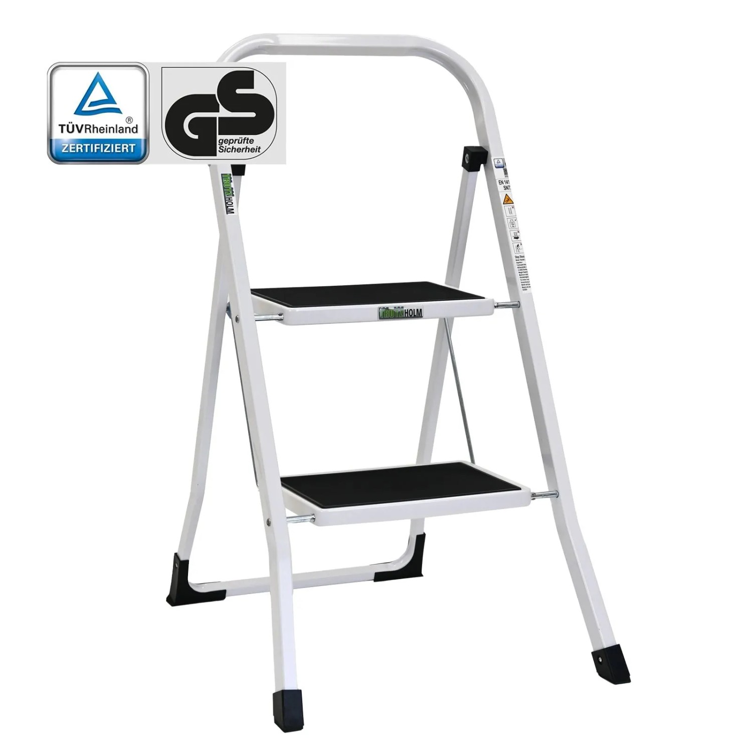 TRUTZHOLM Trittleiter 2 Stufen Klappbar TÜV/GS 150 kg Anti-Rutsch Trittflächen Weiß