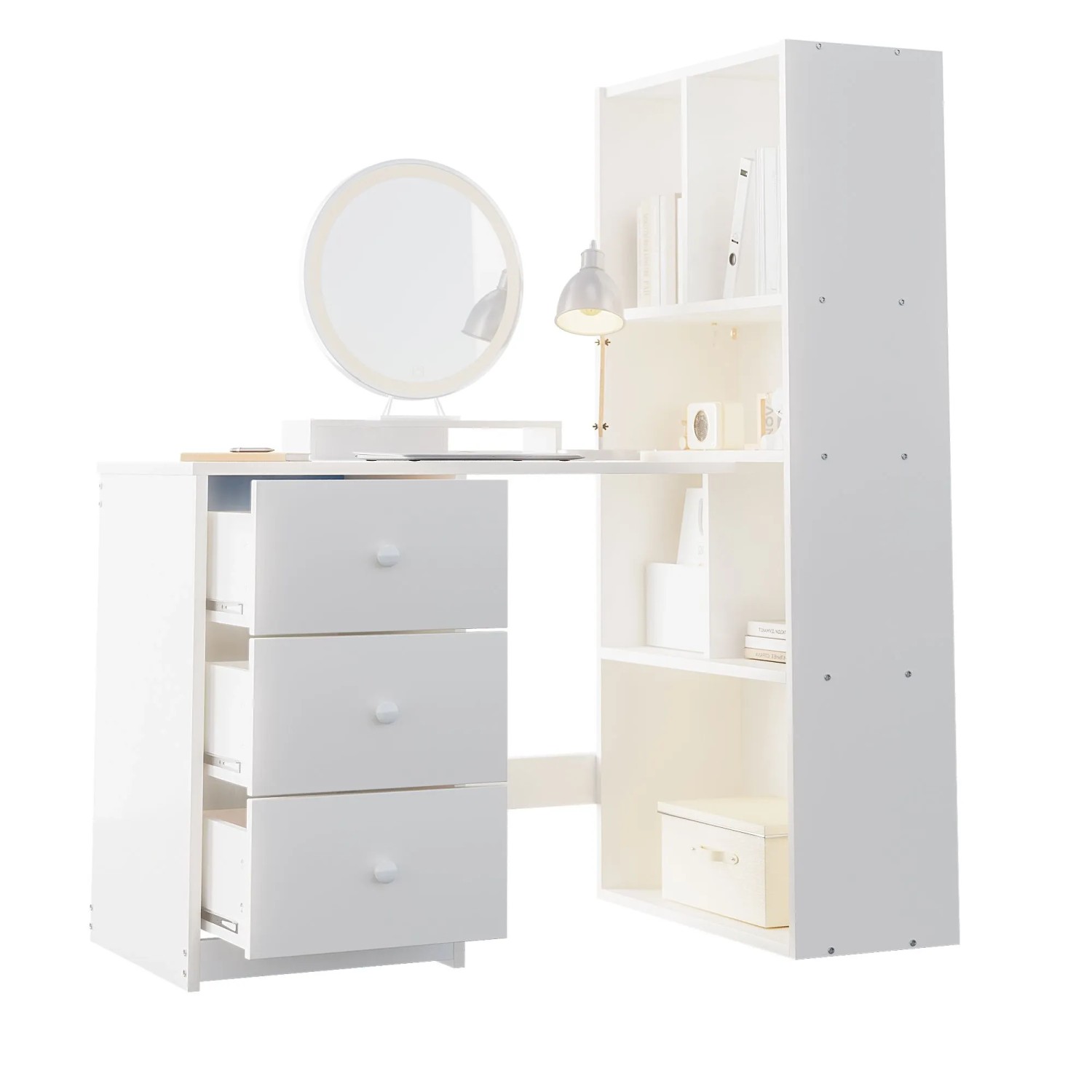 okwish Eckschreibtisch mit Bücherregal 4 Ablagefächern und 3 Ausziehbaren Schubladen 117 × 63 cm Weiß
