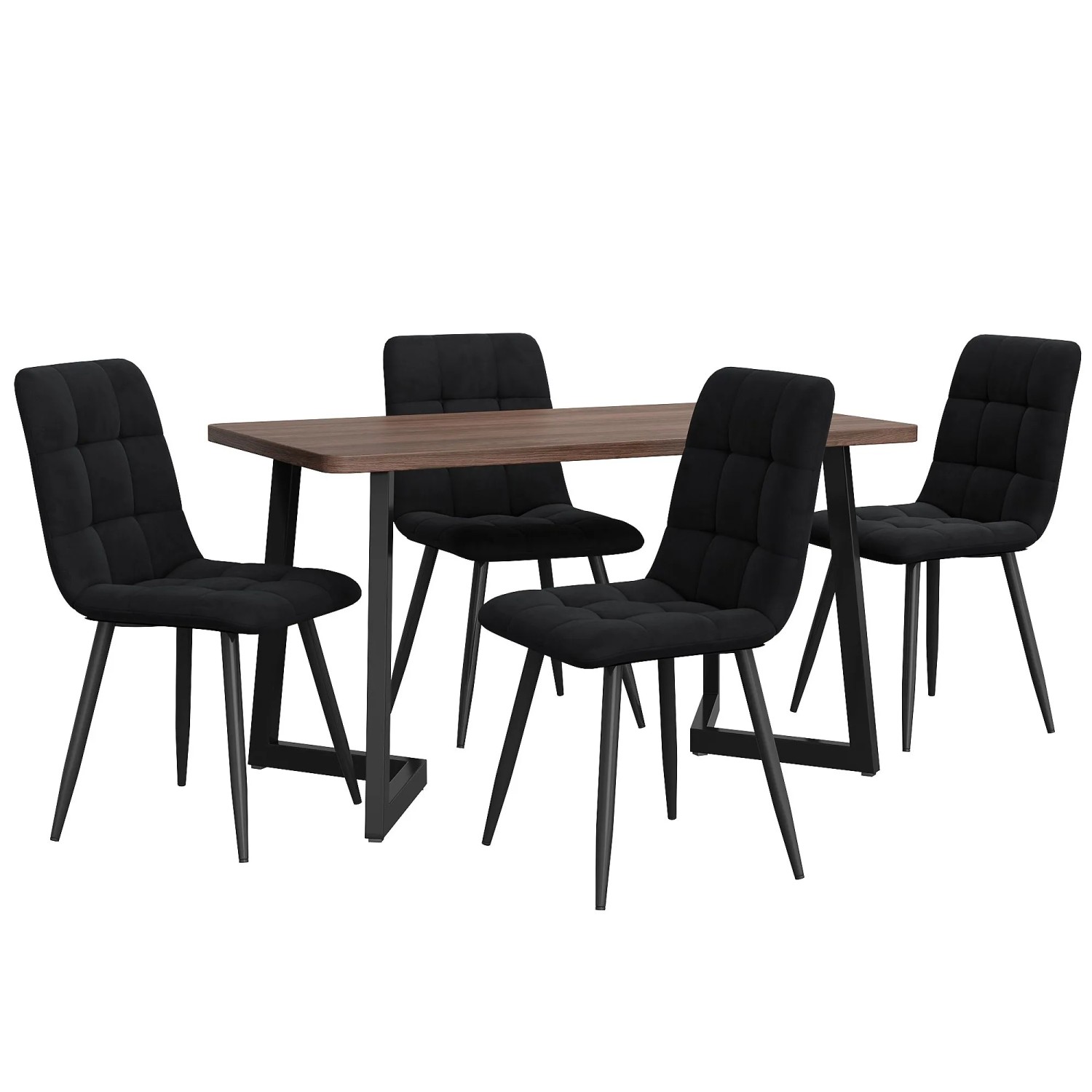 Merax Essgruppe 5-tlg mit Esstisch Holzoptik  4 Samtstühle Schwarz  MDF Walnuss  Metallbeine Schwarz