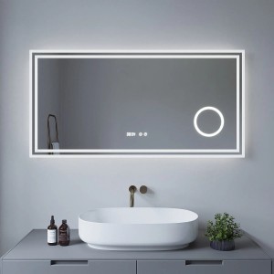 Rechteckiger Aquabatos LED Spiegel 120x60 cm mit digitaler Uhr und Dimmfunktion im Badezimmer.