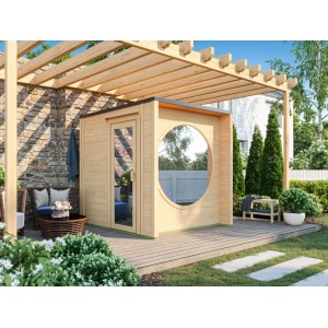 Fjordholz Saunahaus Box XXS Natur mit Spiegelglas und Rundfenster im Garten.