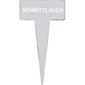 Weißer Kräuterstecker aus Metall, beschriftet mit "Schnittlauch", 15 cm hoch, zur Kennzeichnung im Garten.