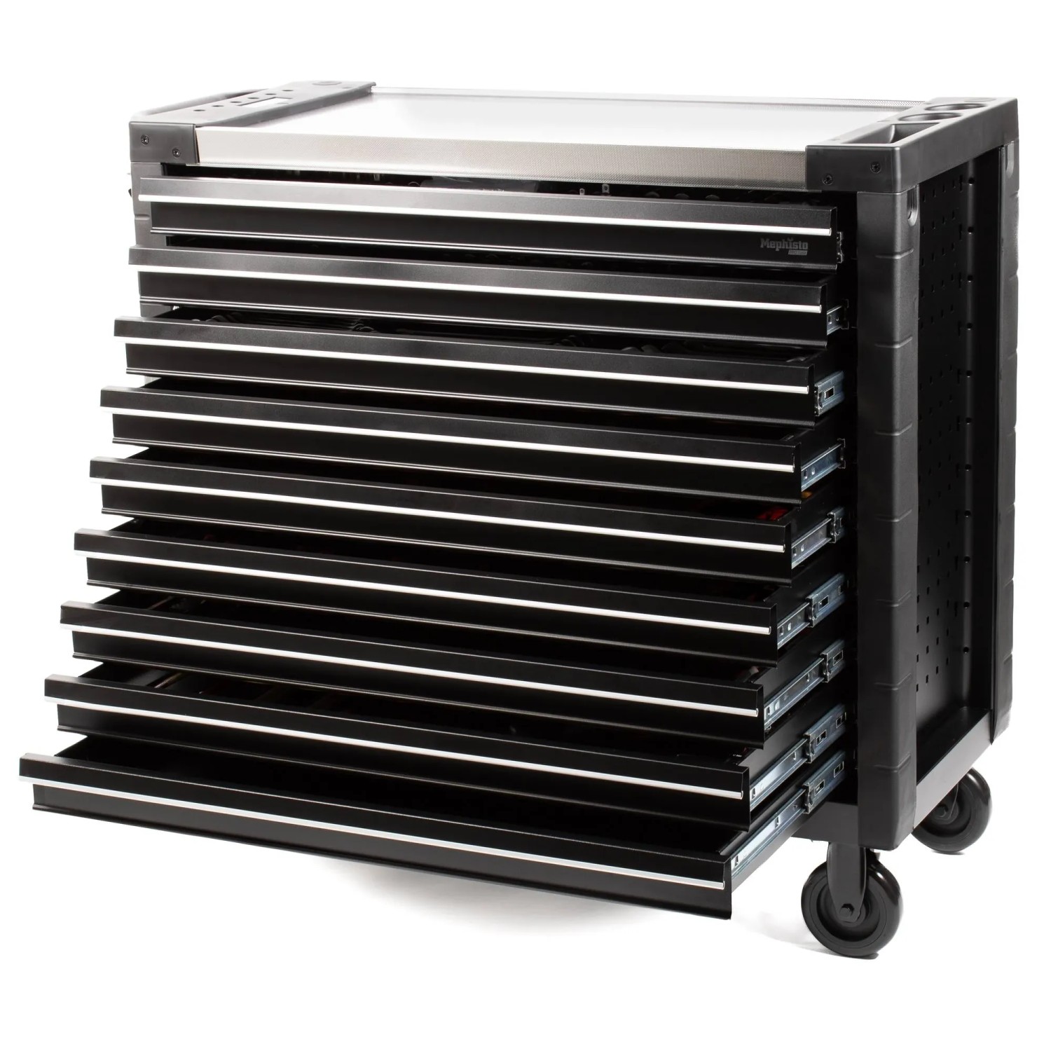 Schwarzer Mephisto Werkzeugwagen Pro-Line Big Black mit 9 Schubfächern und Werkzeug.