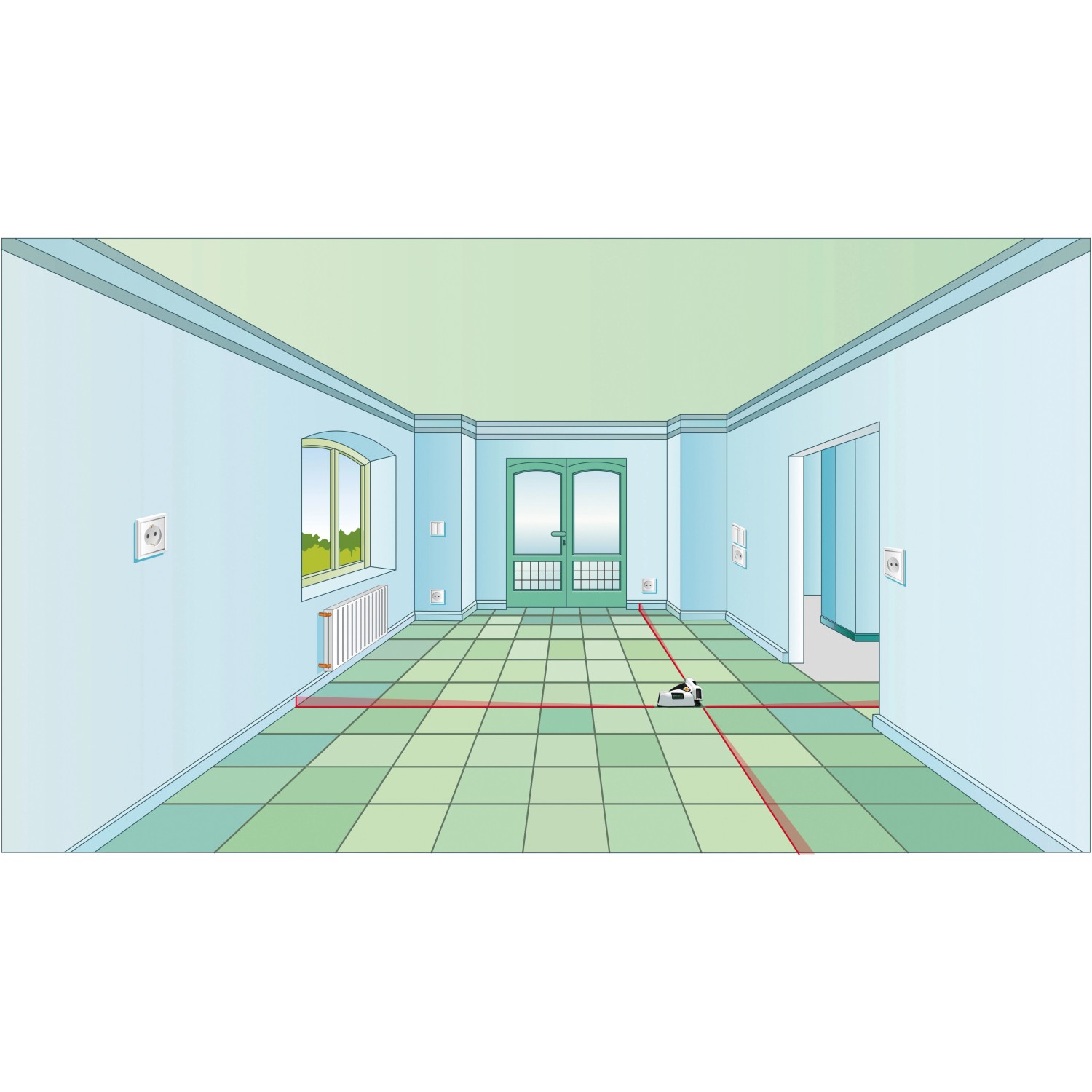 Fliesenlaser projiziert rote Linien auf Fliesenboden in Raum. Präzises Nivellierwerkzeug.