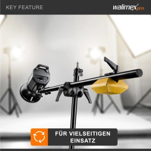 Walimex Pro Galgenstativ mit Studioleuchte und gelbem Gegengewicht für flexible Lichtführung im Studio.