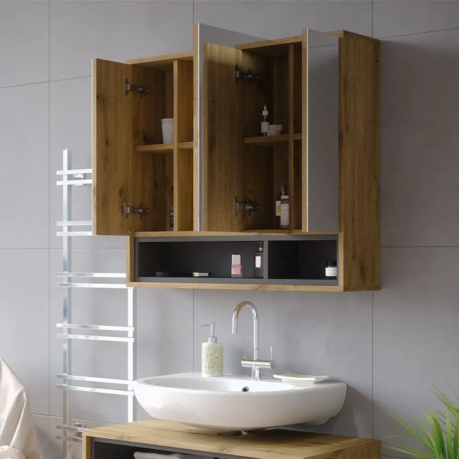 Vicco Badspiegelschrank Beatrice in Eiche/Anthrazit, 80x72 cm, mit offenen Fächern und drei Spiegeltüren.