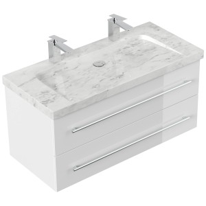 Posseik Badmöbel-Set Yamo, 100 cm, Weiß Hochglanz mit Marmor Carrara Waschbecken.