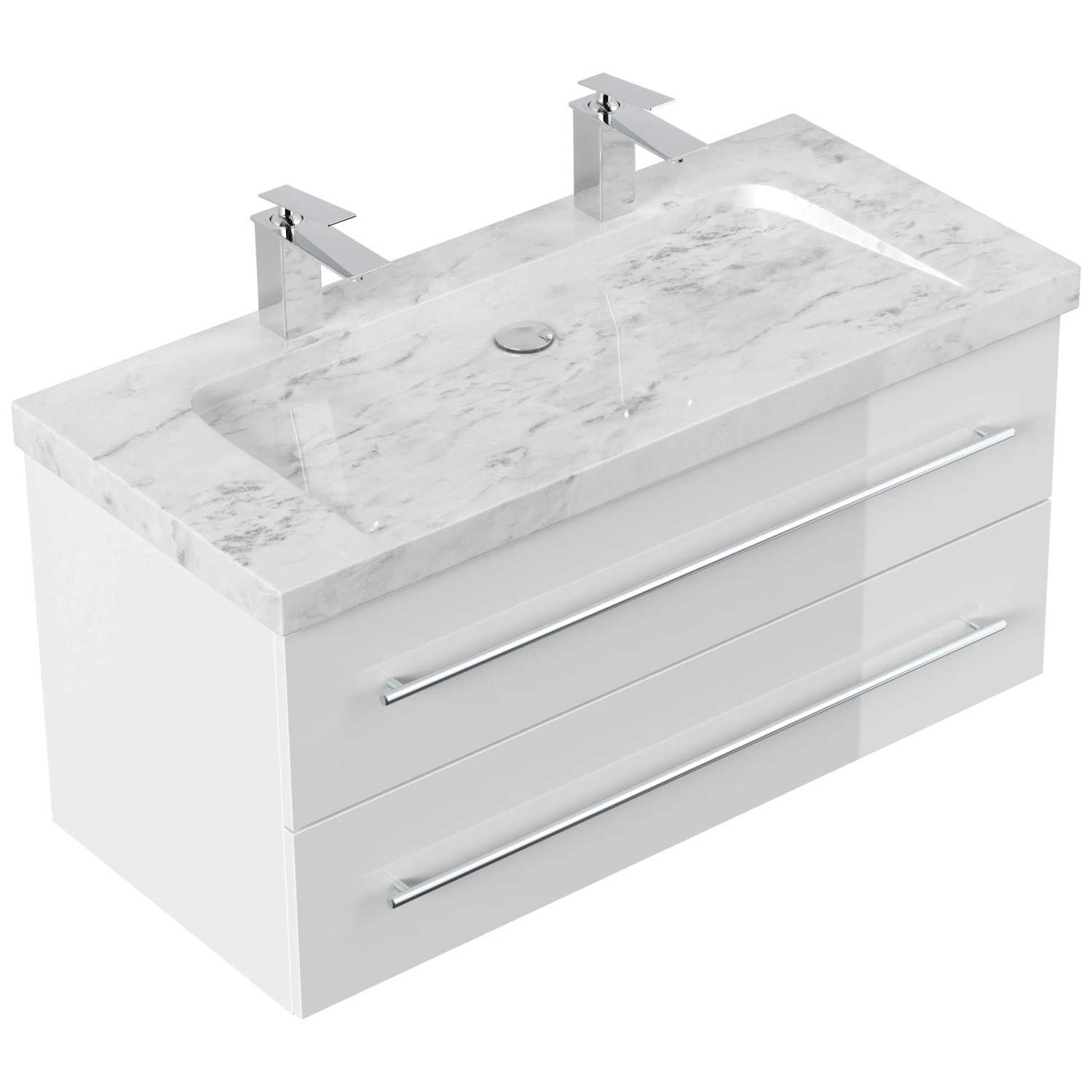 Posseik Badmöbel Marmor Carrara White Yamo 2 Hahnlöcher 100 cm Weiß Hochglanz