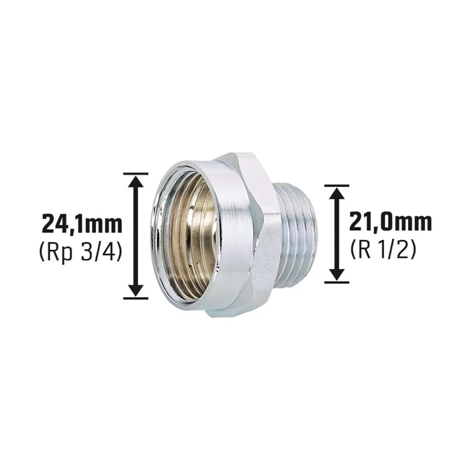 Gewinde-Reduzierstück, verchromtes Messing, Ø 24,1 mm x Ø 21 mm, für Gewindefittings.