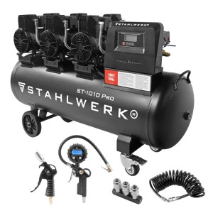 STAHLWERK Kompressor Set: 120L, 10 Bar, Reifenfüller, Schlauch, Pistole, Verteiler.