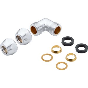 Verchromte Quetschverschraubung Ø 10 mm als Winkel mit Muttern, Dichtungen und Einlegescheiben.