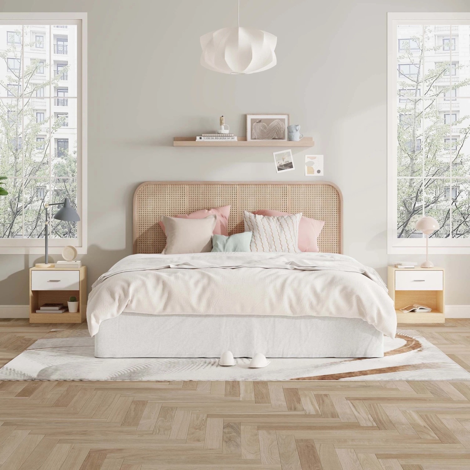 Relaxdays Nachttische 2er-Pack: MDF in Holzoptik-Weiß mit Schublade und Ablage, beidseitig eines Bettes.