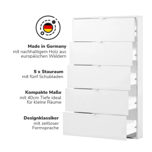 Weiße mokebo Kommode mit 5 Schubladen. Stilvolle Anrichte oder Sideboard für Wohn- und Schlafräume.