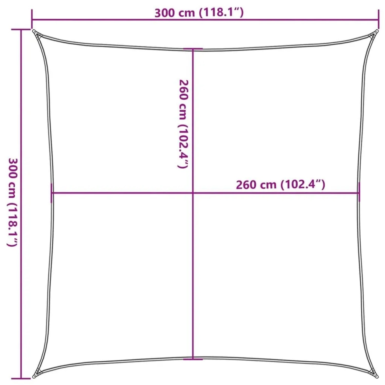 Quadratisches Sonnensegel 3x3m mit Außenmaßen 300x300 cm und Innenmaßen 260x260 cm. Technische Zeichnung.