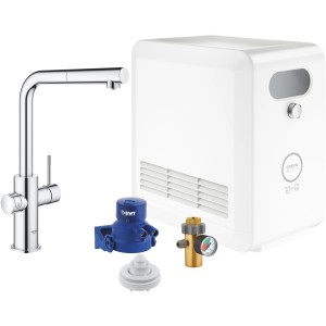 Grohe Blue Professional Set mit L-Auslauf in Chrom: Einhebelmischer, Kühler, Filter und CO2-Flasche.