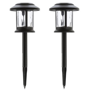 Zwei schwarze Marelida LED Solar Gartenleuchten als 3in1 Laternen mit Glaszylinder. Ideal für Weg, Hänge- oder Tischleuchte.
