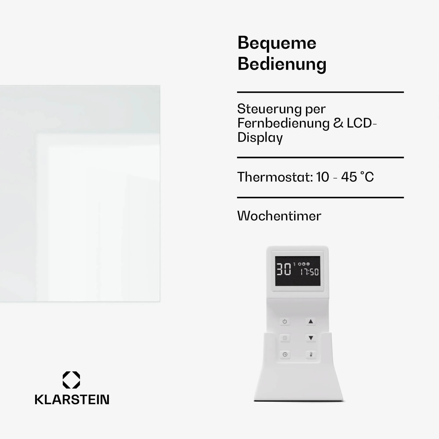 Klarstein Marvel Mirror Infrarotheizung mit Fernbedienung und Spiegel, silbergrau.