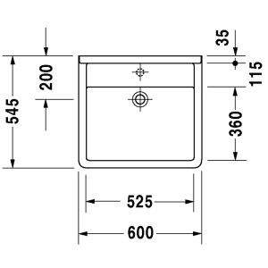 Technische Zeichnung: Weißes Duravit Starck 3 Vital Med Handwaschbecken, 60 cm breit, mit Maßen.