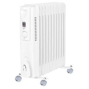 Weißer Ölradiator (2500 W) von Grena mit 11 Rippen, Thermostat und Rollen. Mobile Elektroheizung.