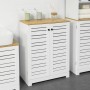 SoBuy Badschrank BZR41-W: Weißer Badezimmerschrank mit Lamellentüren und Holzplatte.
