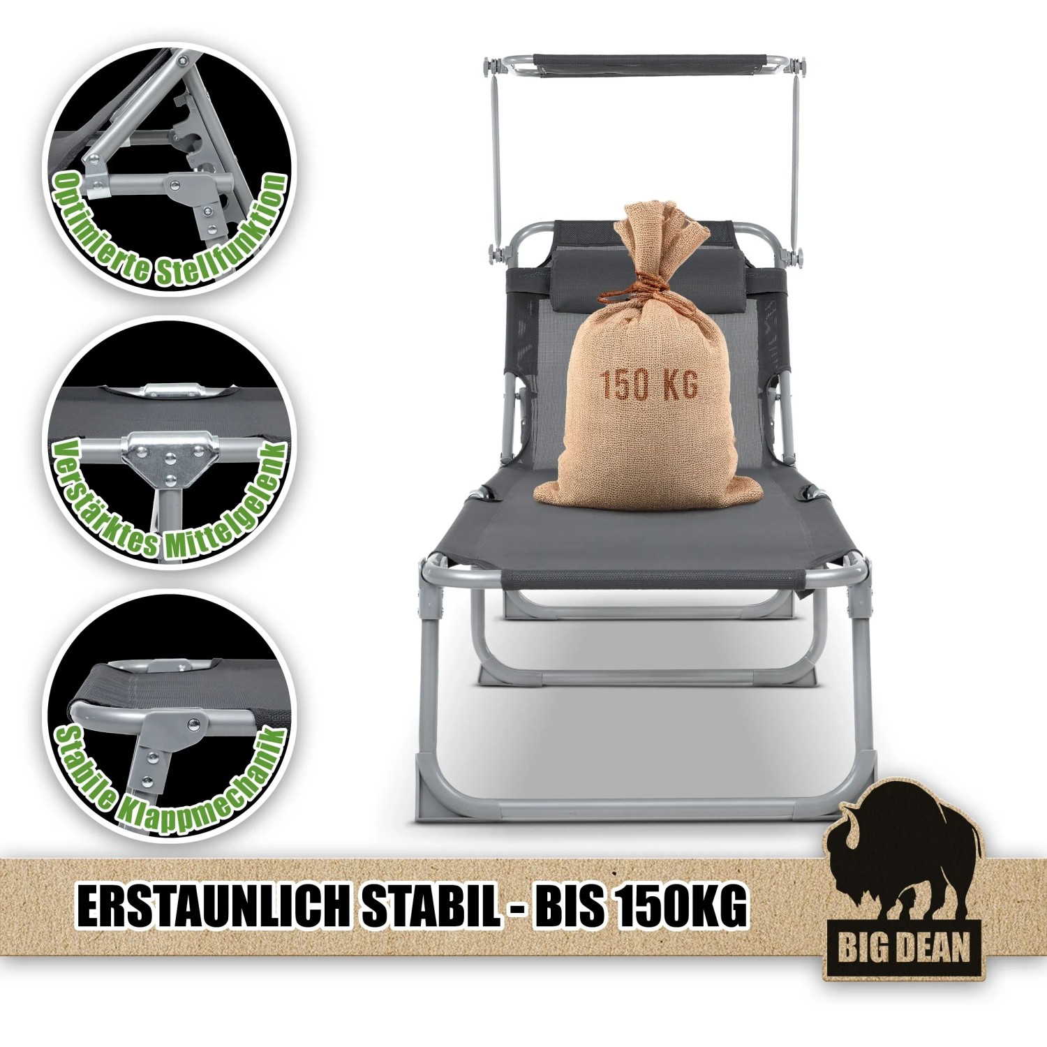 Klappbare, dunkelgraue Sonnenliege mit Kopfkissen und Sonnendach, belastbar bis 150 kg.