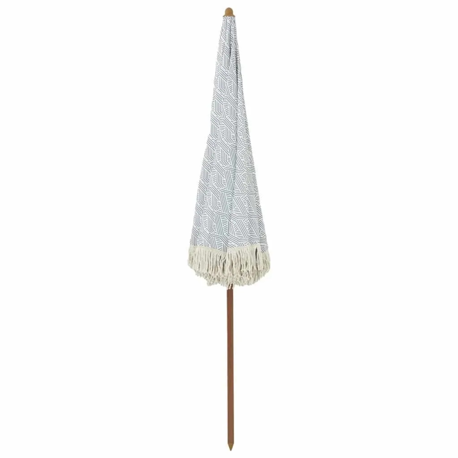 Geschlossener, grau-weißer vidaXL Sonnenschirm (Ø 205 cm) mit Fransen und Stahlgestell.
